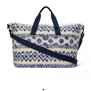 VS Pink fair isle fleece holiday blue and cream Sherpa Tote Bag Victorias Secret